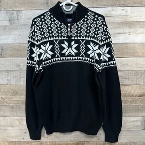 Chaps Mens Fair Isle Snowflake 1/4 Zip Pullover Sweater Black White M